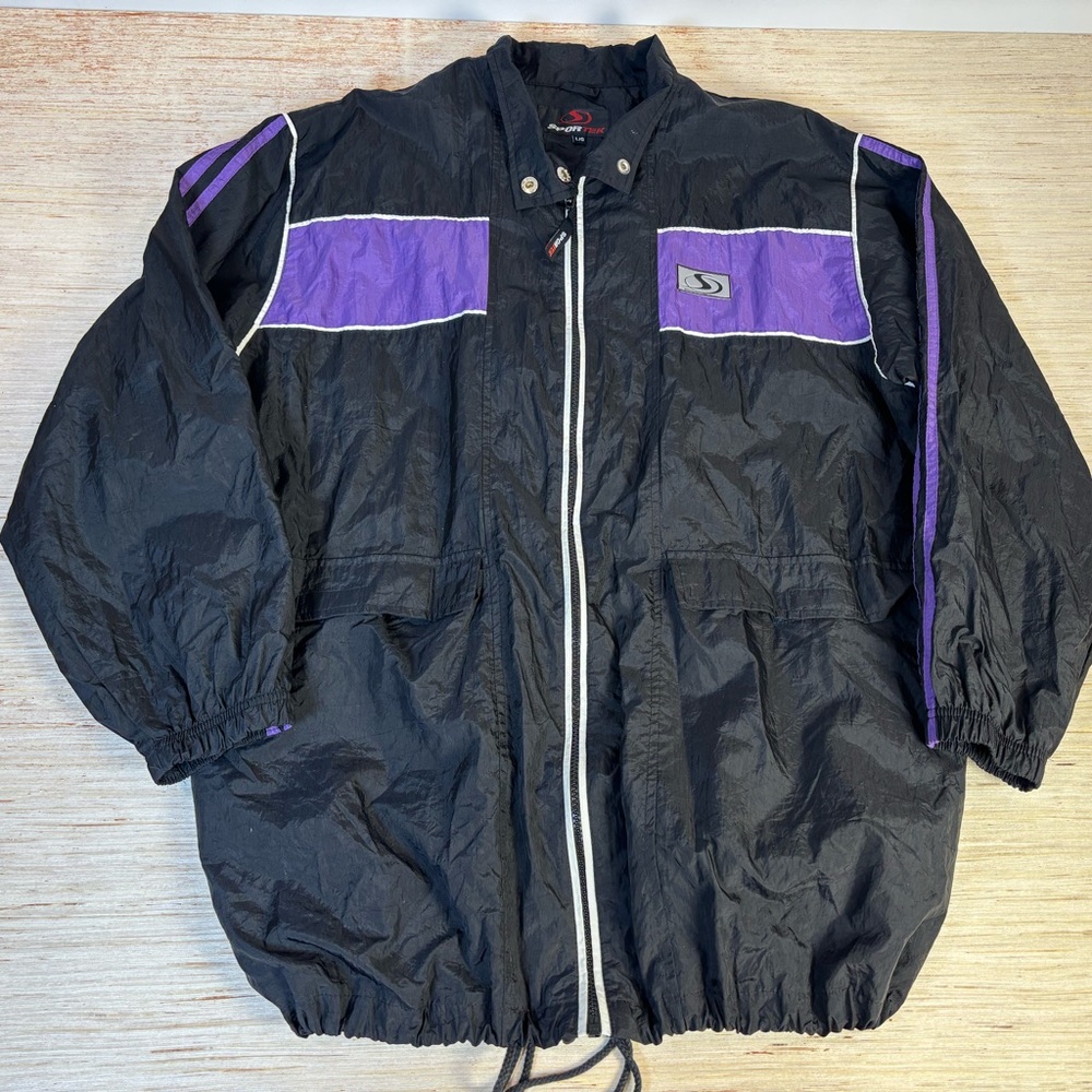 Vintage 90s Sportek Windbreaker Jacket Black Purple Nylon Colorblock L